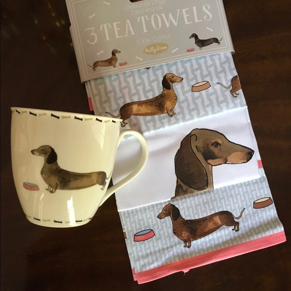 NWT COORDINATING SET OF 3 DACHSHUND TOWELS & 1 MUG
